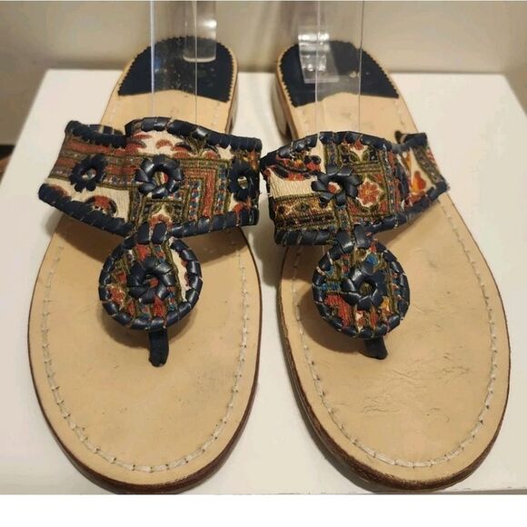 Jack Rogers "Navajo" Boho Fabric w/Leather Whipstich Thong Sandals Sz.9 Ret $138 - Picture 1 of 6